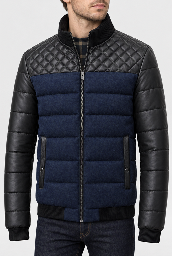Navy quilted panel puffer jacket, pocket detail