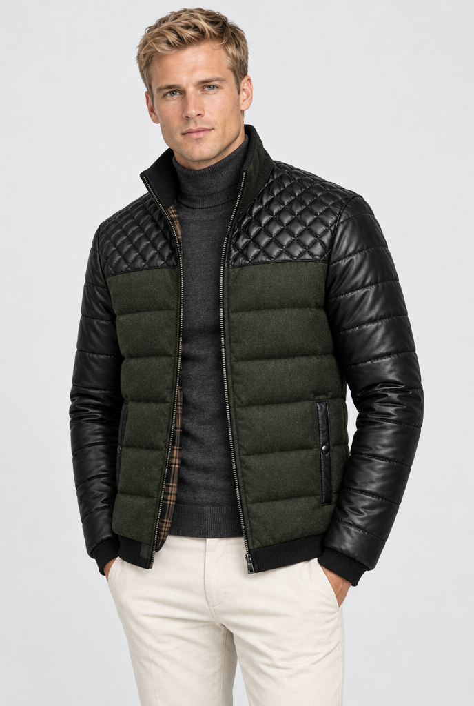 Olive quilted panel puffer jacket, studio hero