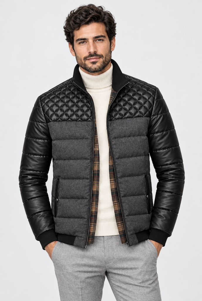 Charcoal Grey quilted panel puffer jacket, studio hero