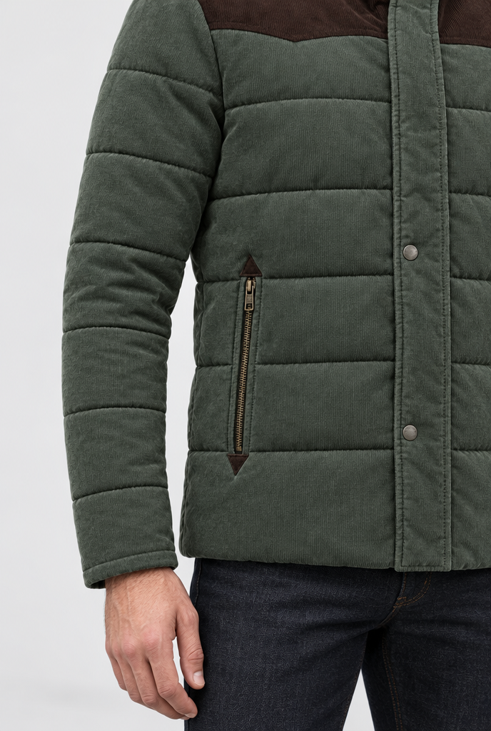 Olive two-tone padded jacket, pocket detail