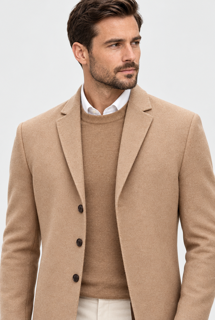 Camel longline overcoat, collar