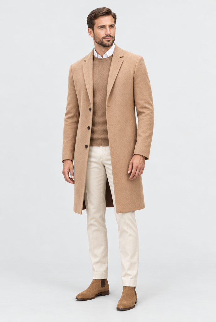 Camel longline overcoat, full body