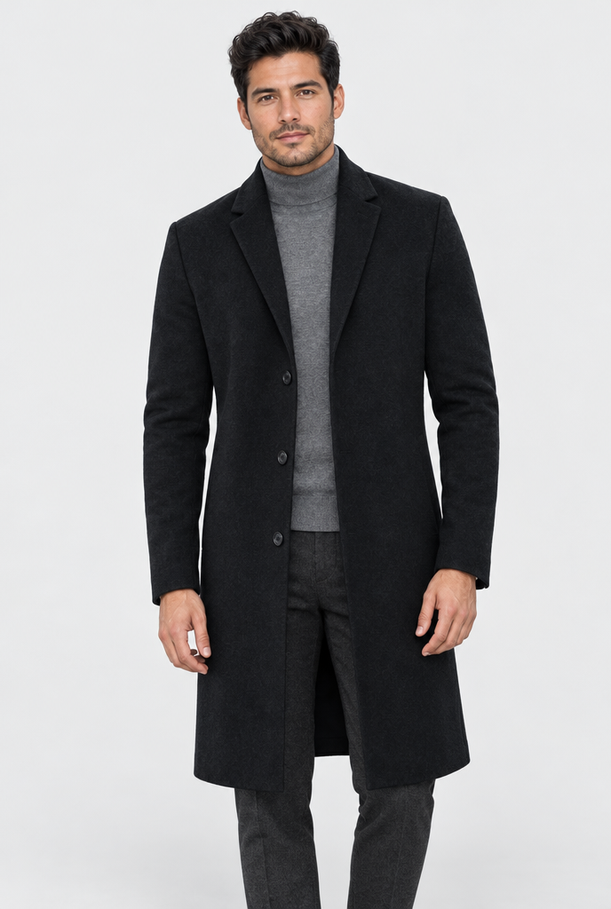 Black longline overcoat, studio hero