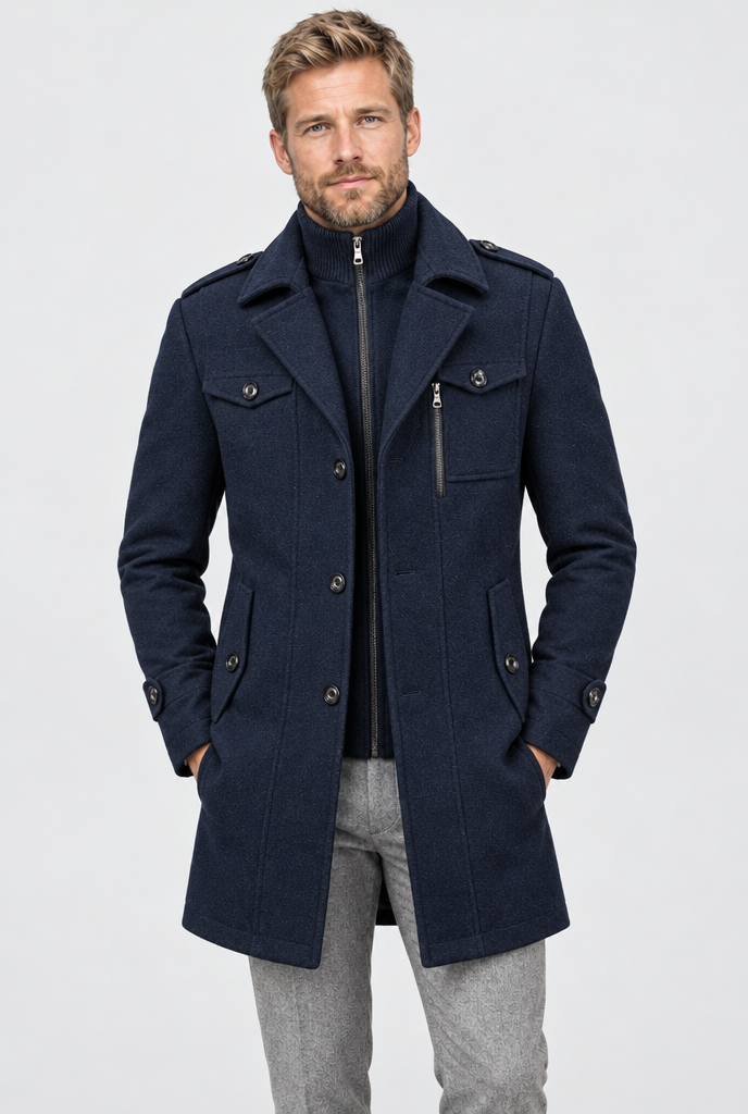 Manteau effet laine à plastron zippé en maille — Marine — photo studio