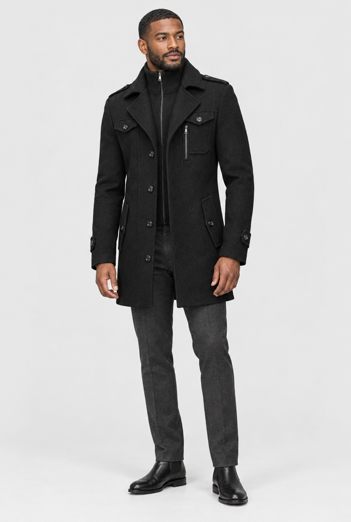 Black wool-look car coat, full body