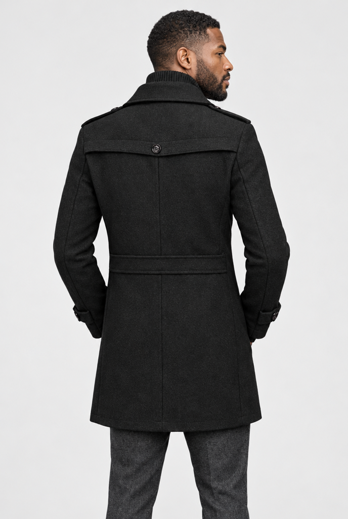 Black wool-look car coat, back view