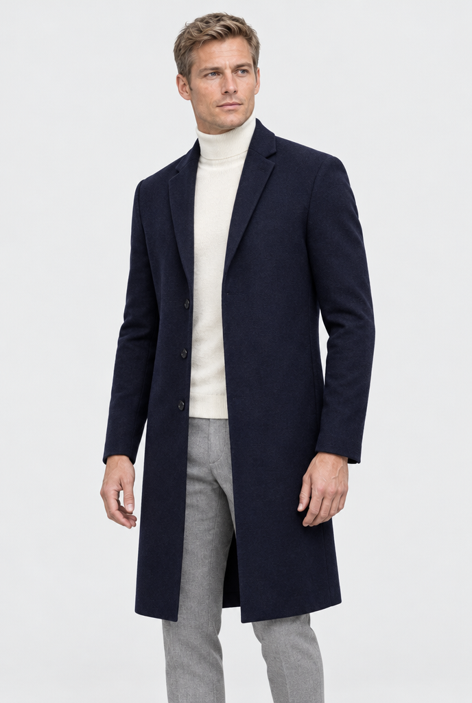 Navy longline overcoat, studio hero