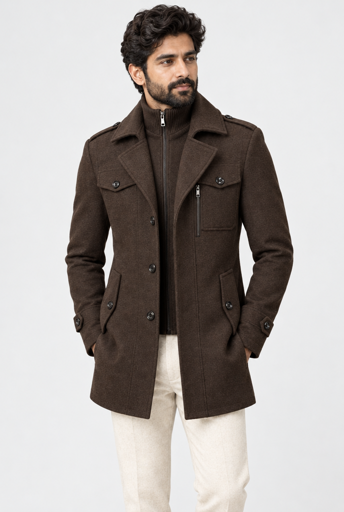 Manteau effet laine à plastron zippé en maille — Marron chocolat — photo studio