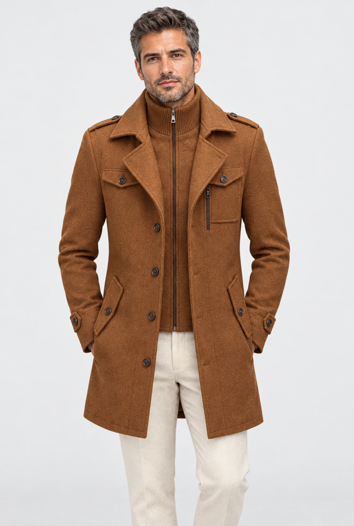 Camel wool-look car coat, studio hero