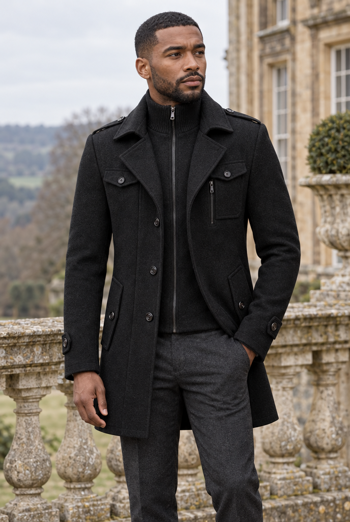 Manteau effet laine à plastron zippé en maille — Noir — en situation