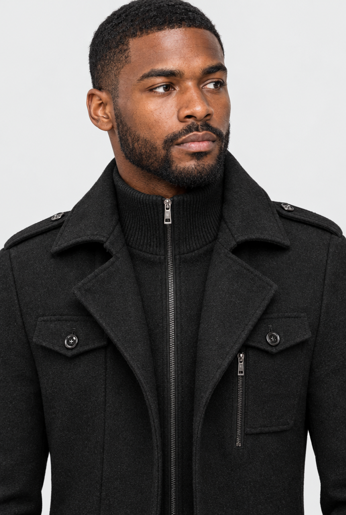 Manteau effet laine à plastron zippé en maille — Noir — détail du col