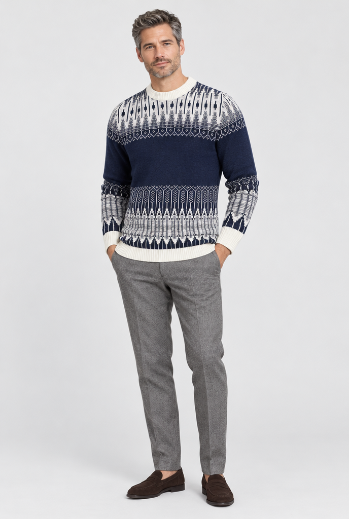 Pull col rond en maille jacquard Fair Isle — Marine & crème — silhouette complète