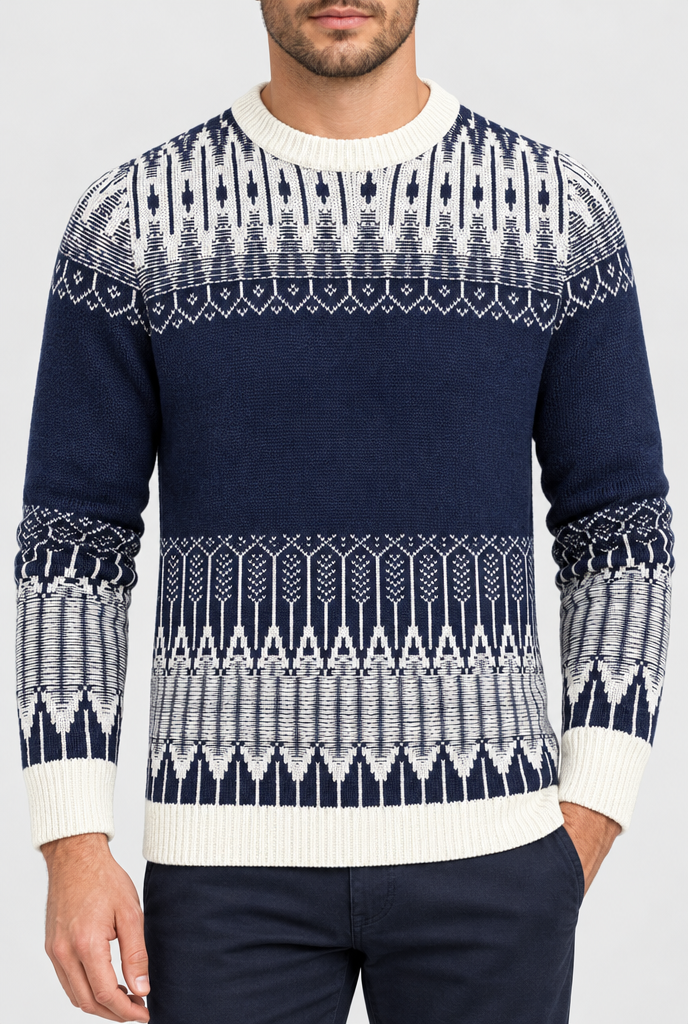 Pull col rond en maille jacquard Fair Isle — Marine & crème — détail