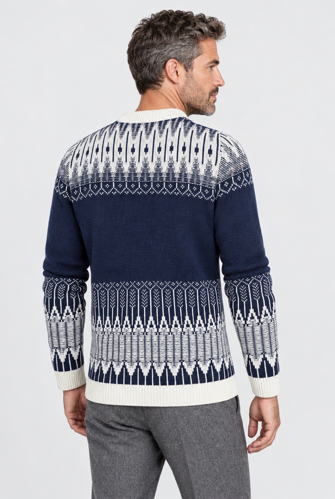 Pull col rond en maille jacquard Fair Isle — Marine & crème — vue de dos