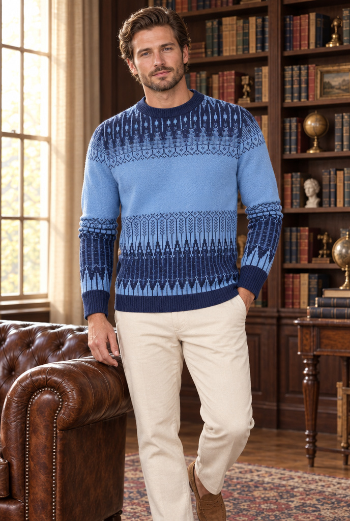 Pull col rond en maille jacquard Fair Isle — Bleu ciel