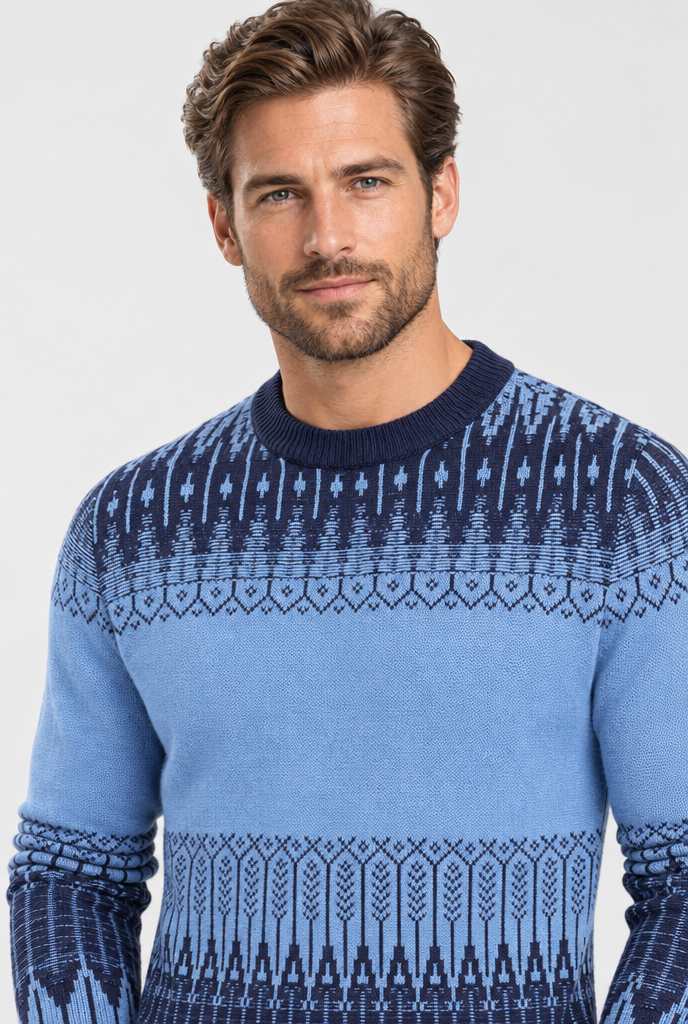 Pull col rond en maille jacquard Fair Isle — Bleu ciel