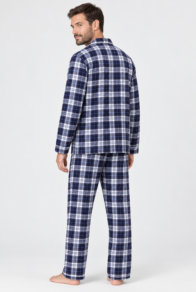 Navy Plaid flannel pajama set, back view