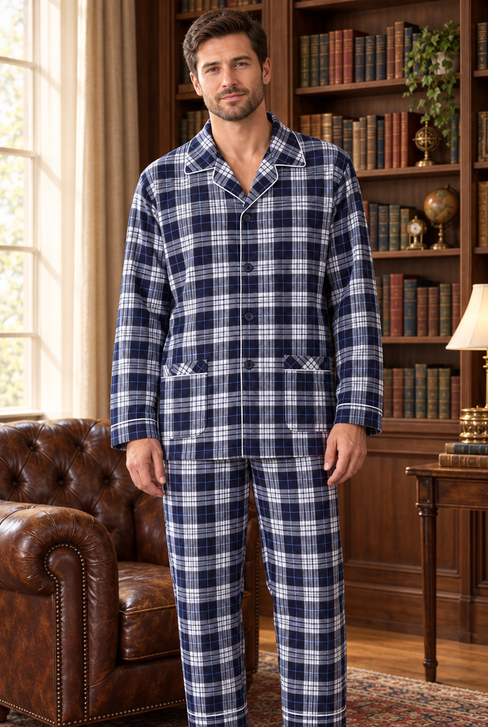 Navy Plaid flannel pajama set, lifestyle