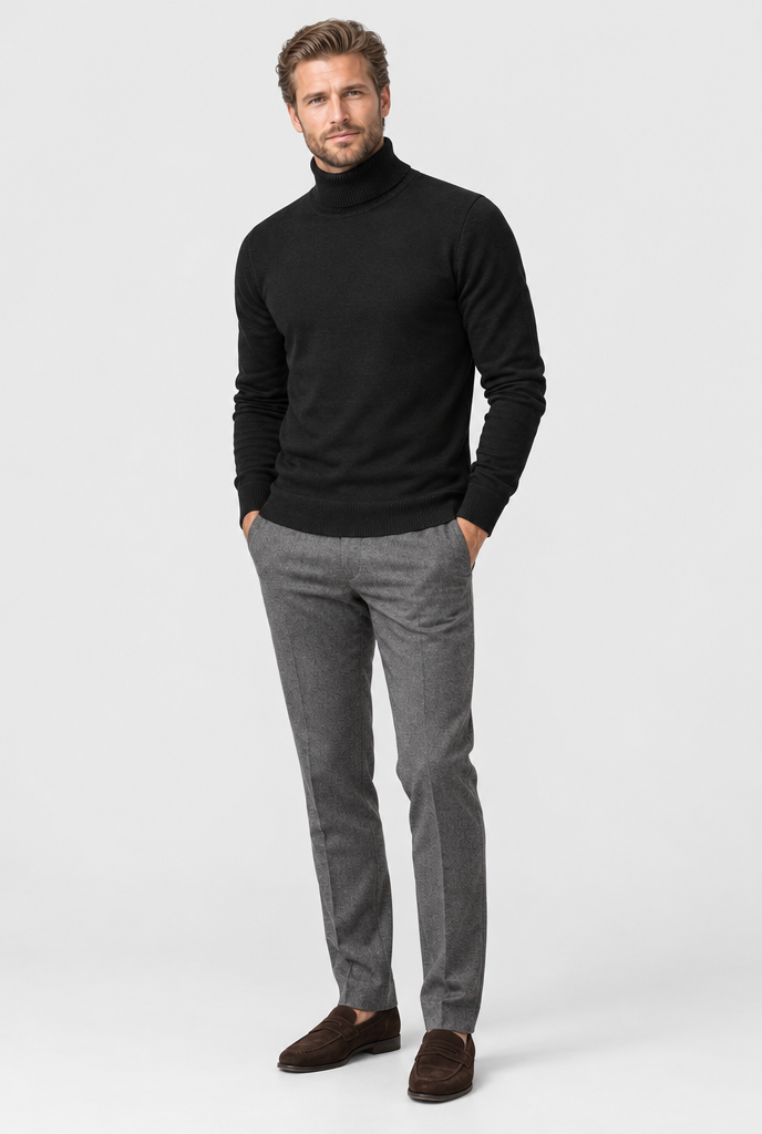 Pull col roulé en maille doublé polaire — Noir — silhouette complète