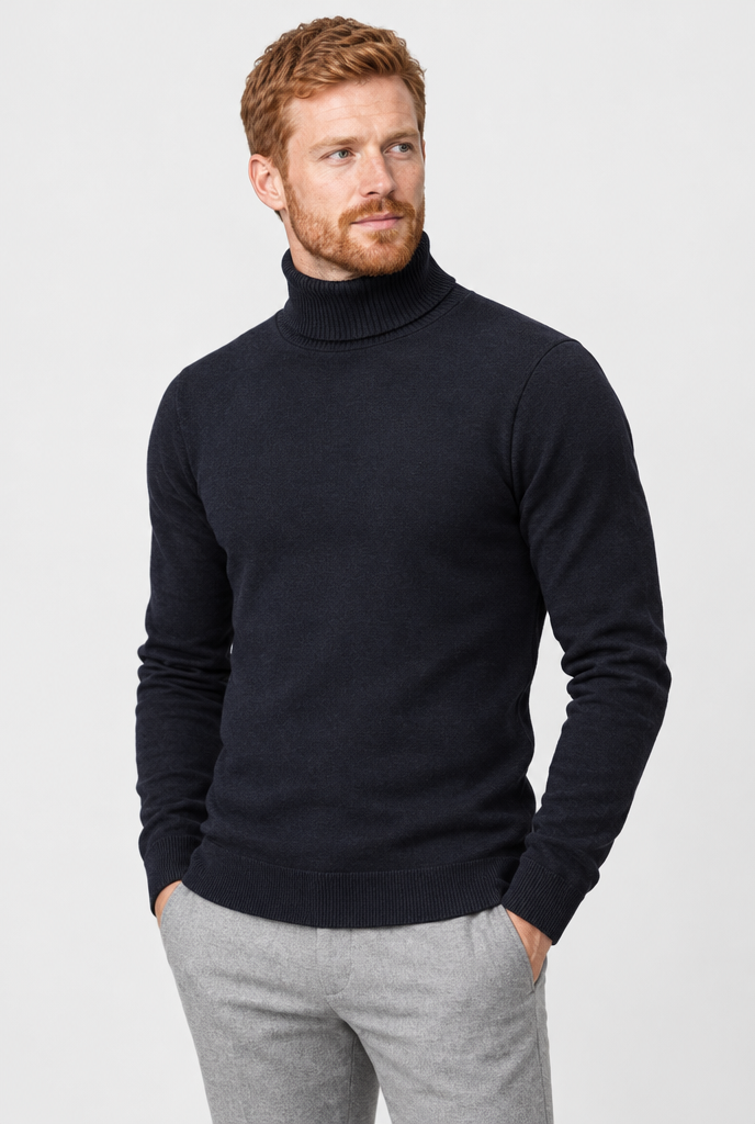 Pull col roulé en maille doublé polaire — Marine — photo principale