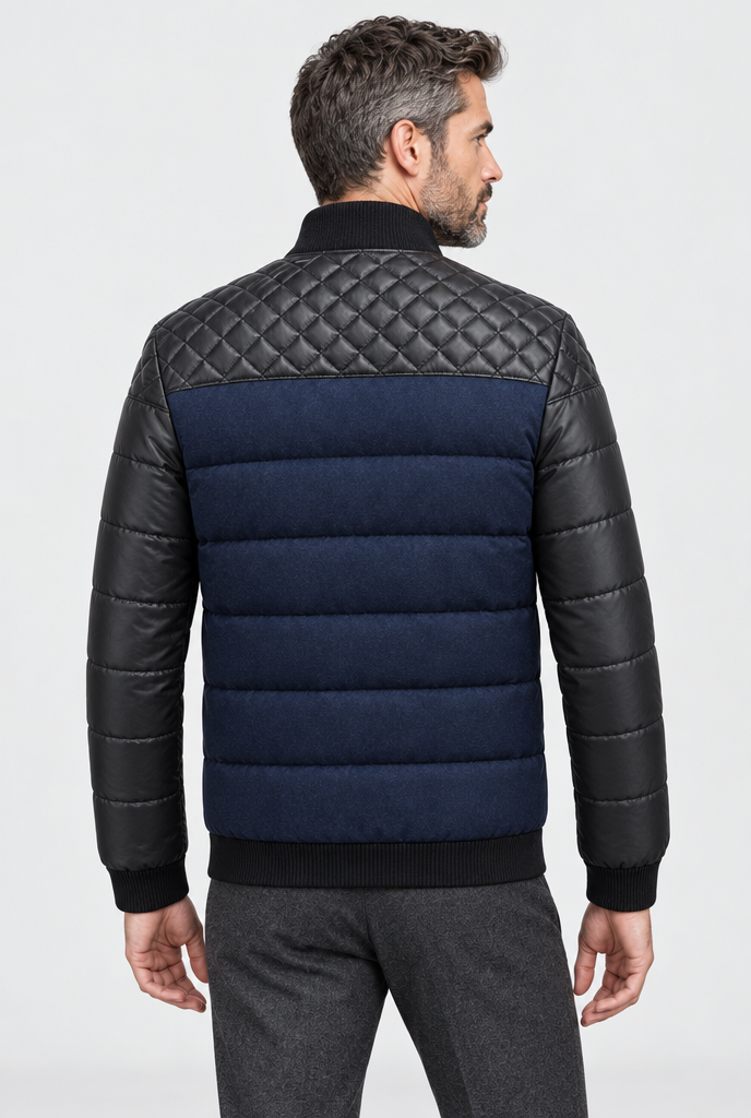 Navy quilted panel puffer jacket, back view