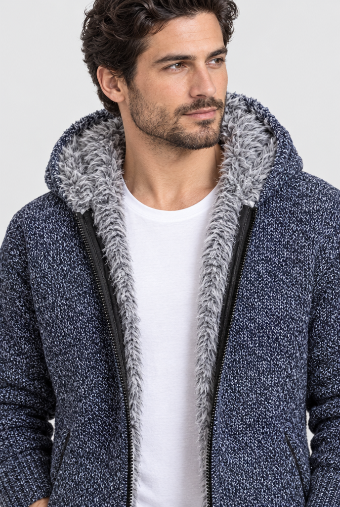 Veste zippée à capuche en maille doublée fausse fourrure — Bleu denim — détail du col