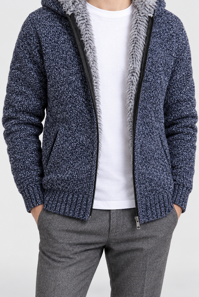 Veste zippée à capuche en maille doublée fausse fourrure — Bleu denim — détail