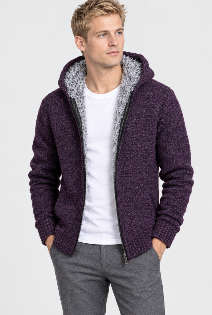 Veste zippée à capuche en maille doublée fausse fourrure — Prune — photo studio