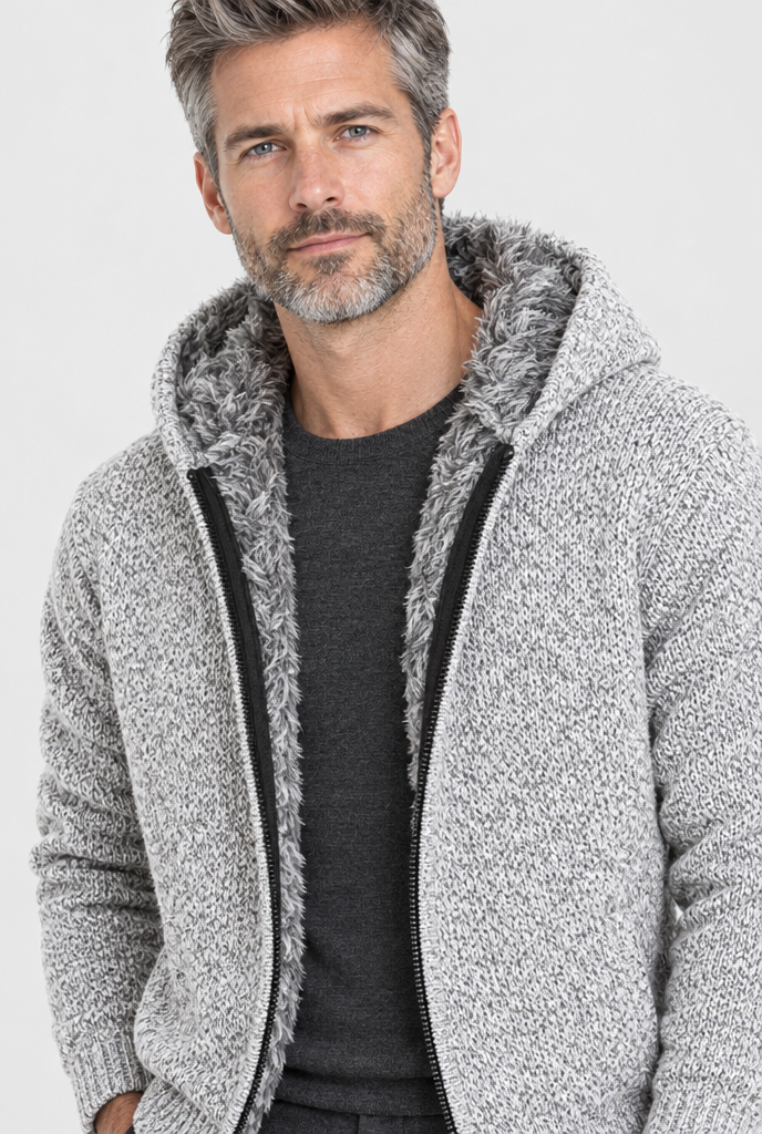 Veste zippée à capuche en maille doublée fausse fourrure — Gris perle — détail du col
