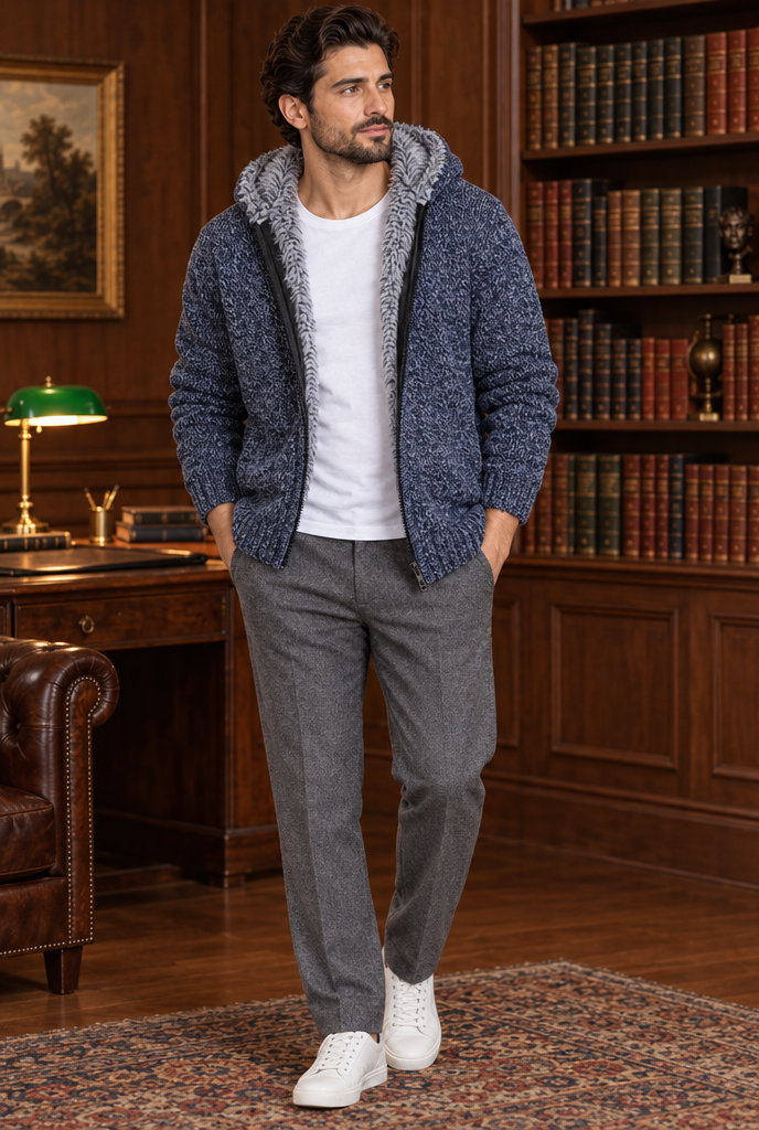 Veste zippée à capuche en maille doublée fausse fourrure — Bleu denim — en situation