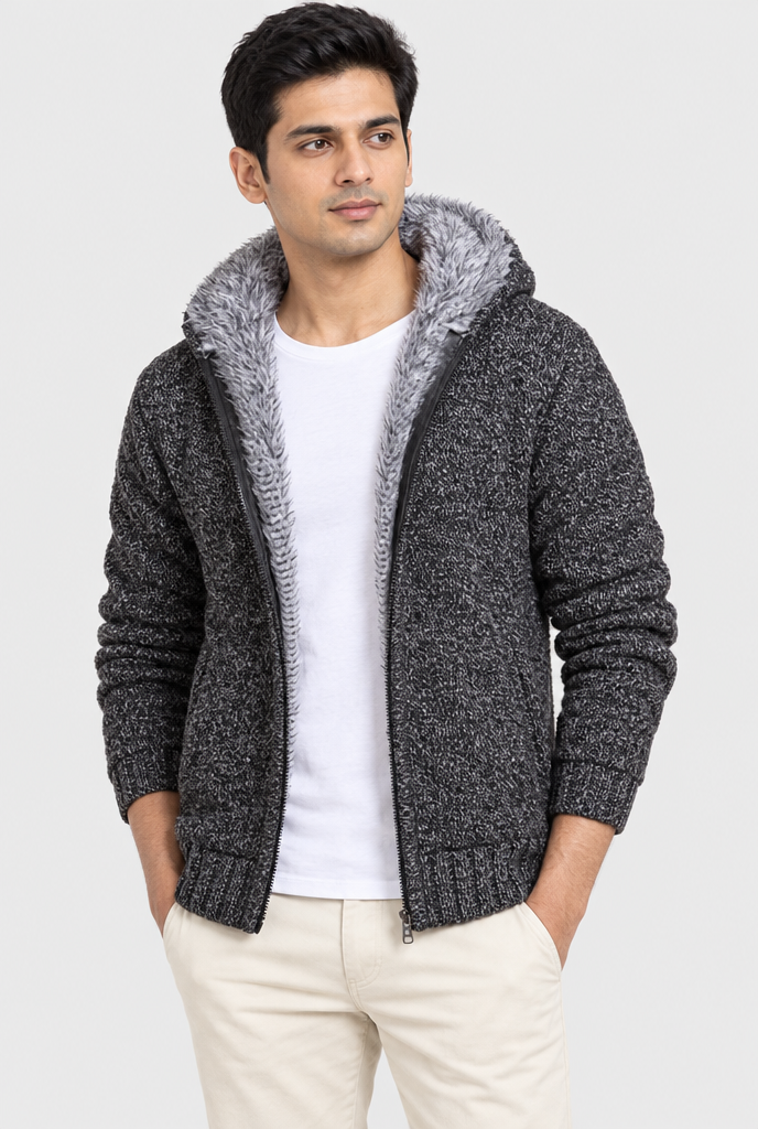Veste zippée à capuche en maille doublée fausse fourrure — Anthracite — photo studio