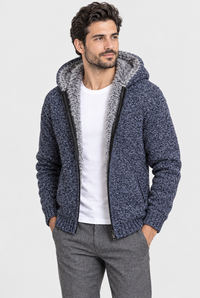 Men's Faux Fur Lined Hooded Knit Zip Jacket
