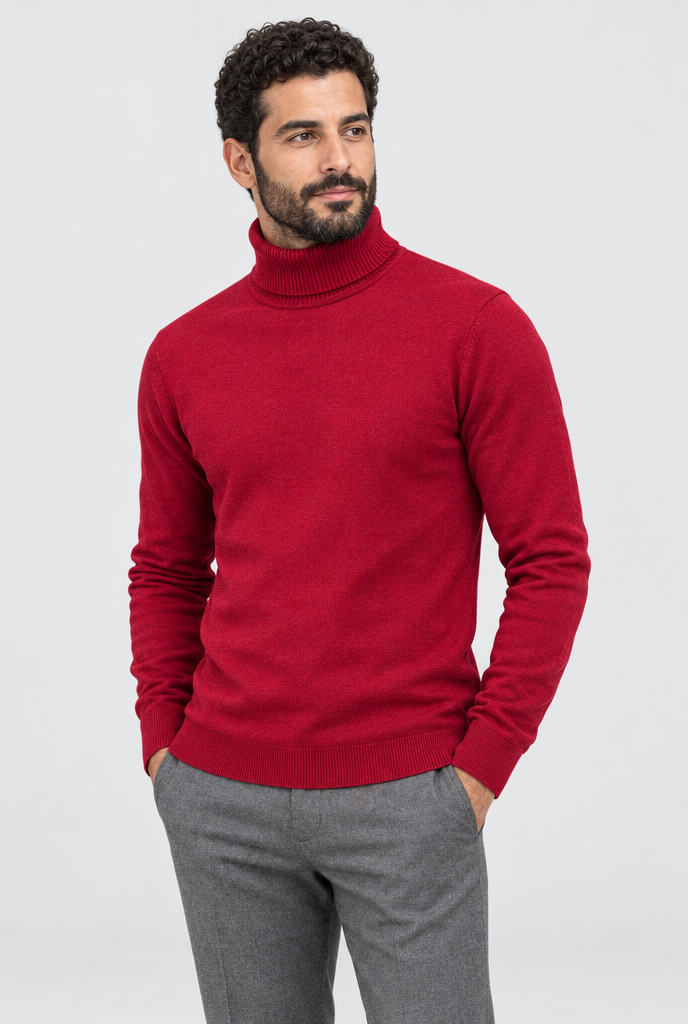 Pull col roulé en maille doublé polaire — Rouge cerise — photo principale