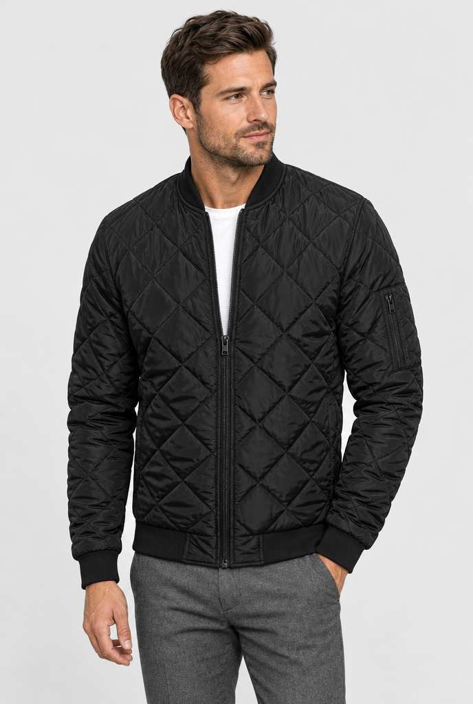 Black diamond-quilted bomber jacket, studio hero