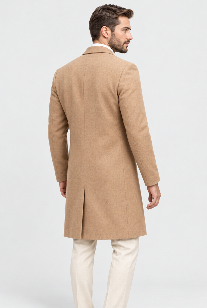 Camel longline overcoat, back