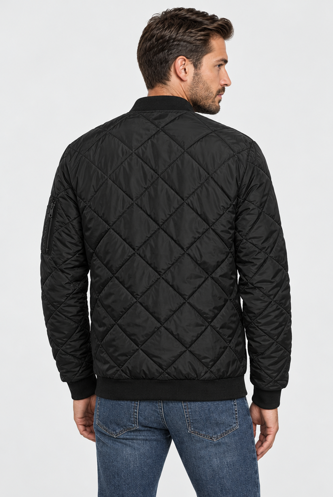 Black diamond-quilted bomber jacket, back view