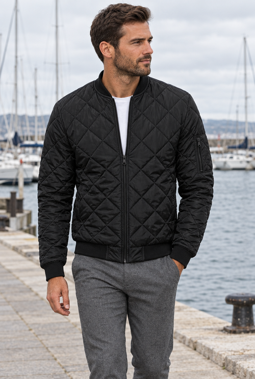 Blouson bomber matelassé losanges — Noir — en situation