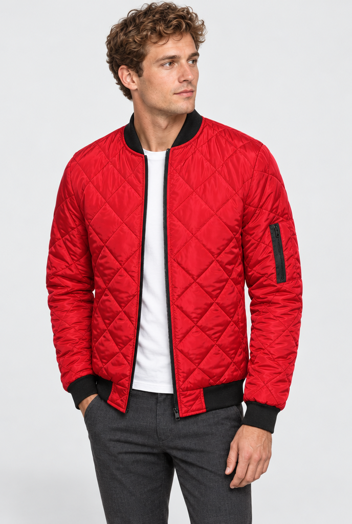 Red diamond-quilted bomber jacket, studio hero