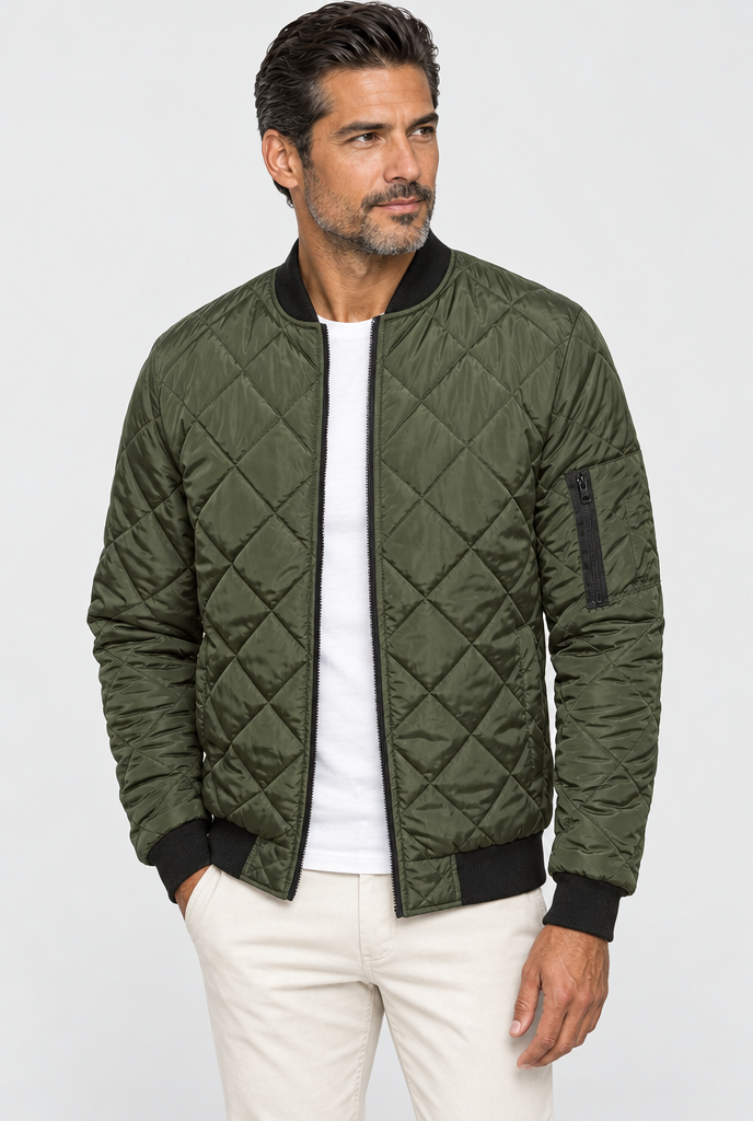 Olive diamond-quilted bomber jacket, studio hero