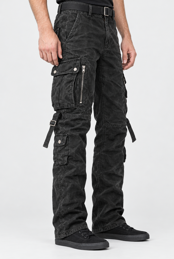 Black cargo pants, pocket detail