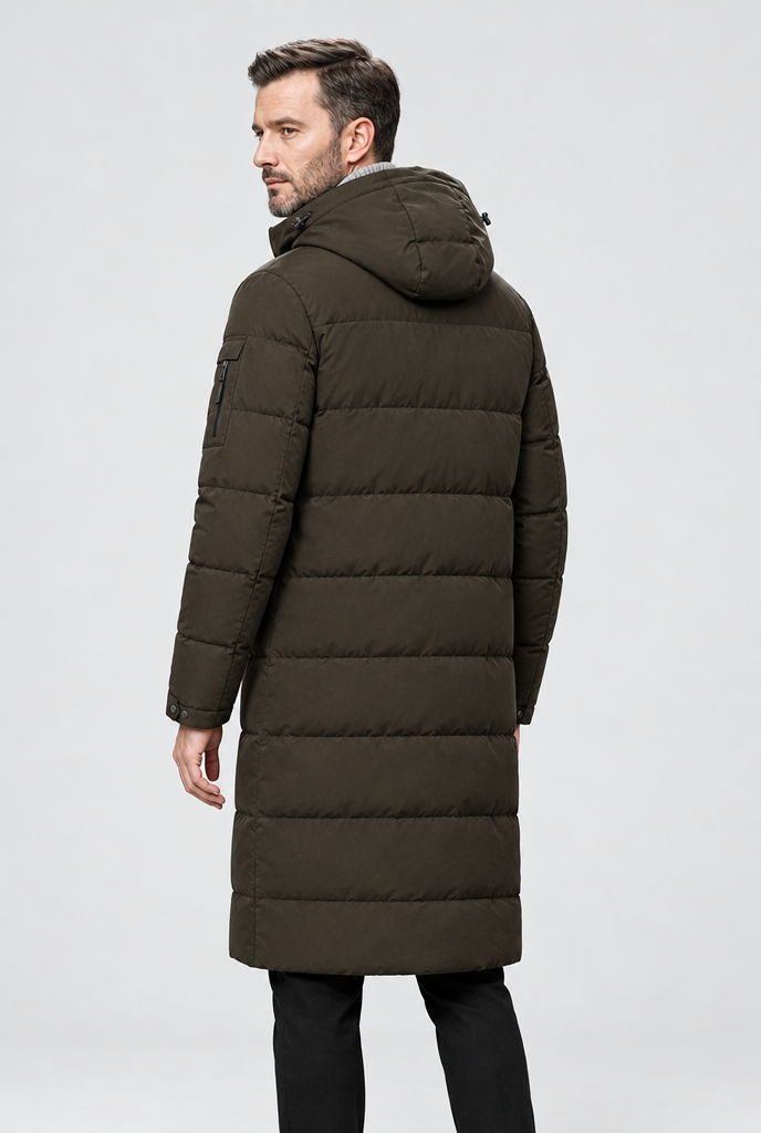 Olive Brown long hooded puffer parka, back view