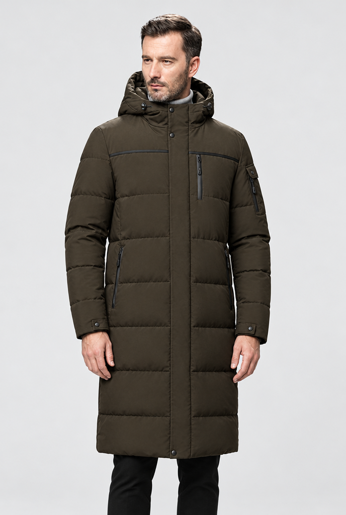 Parka longue matelassée à capuche — Brun olive — photo studio