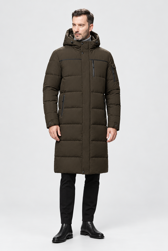 Olive Brown long hooded puffer parka, full body