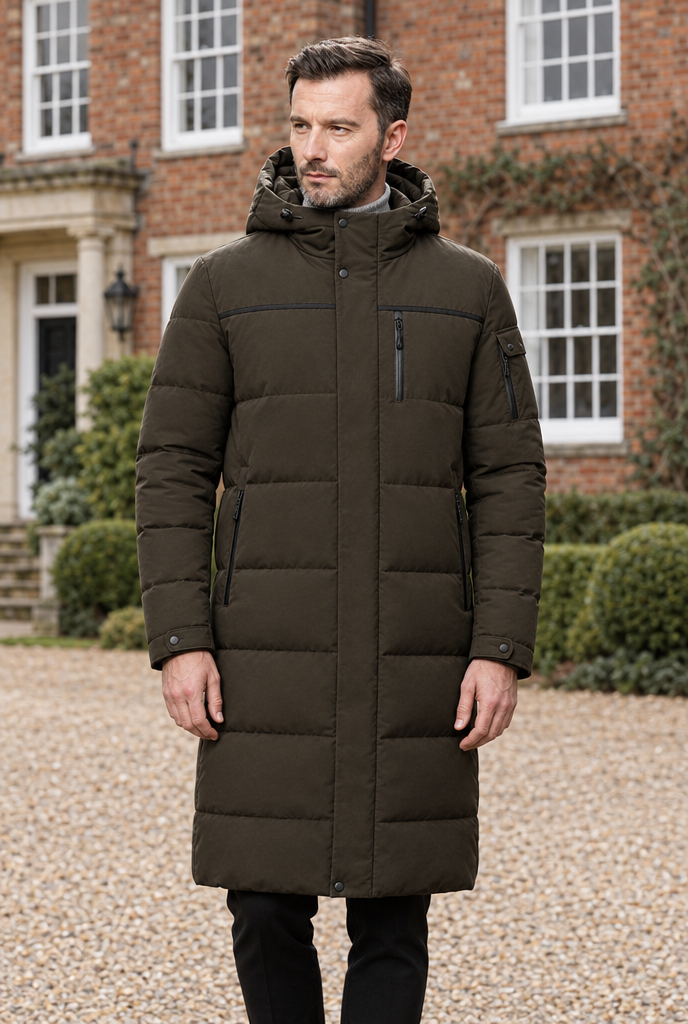 Olive Brown long hooded puffer parka, lifestyle
