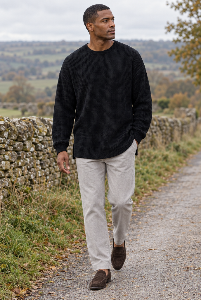 Pull col rond ample en maille gaufrée — Noir
