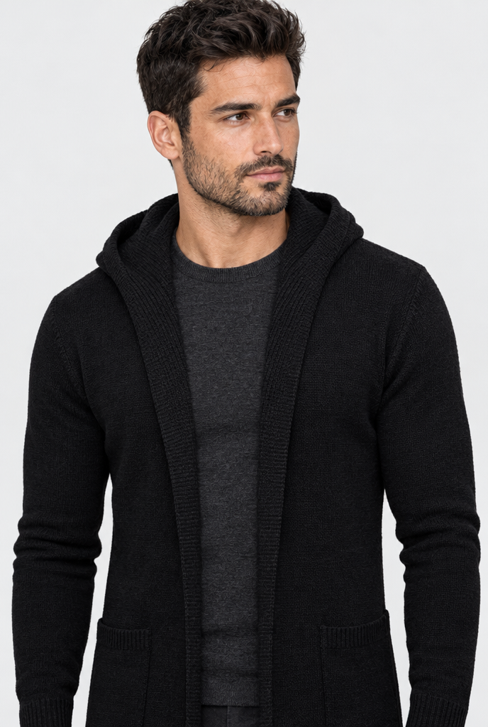 Black Longline Hooded Open-Front Knit Cardigan, collar close-up