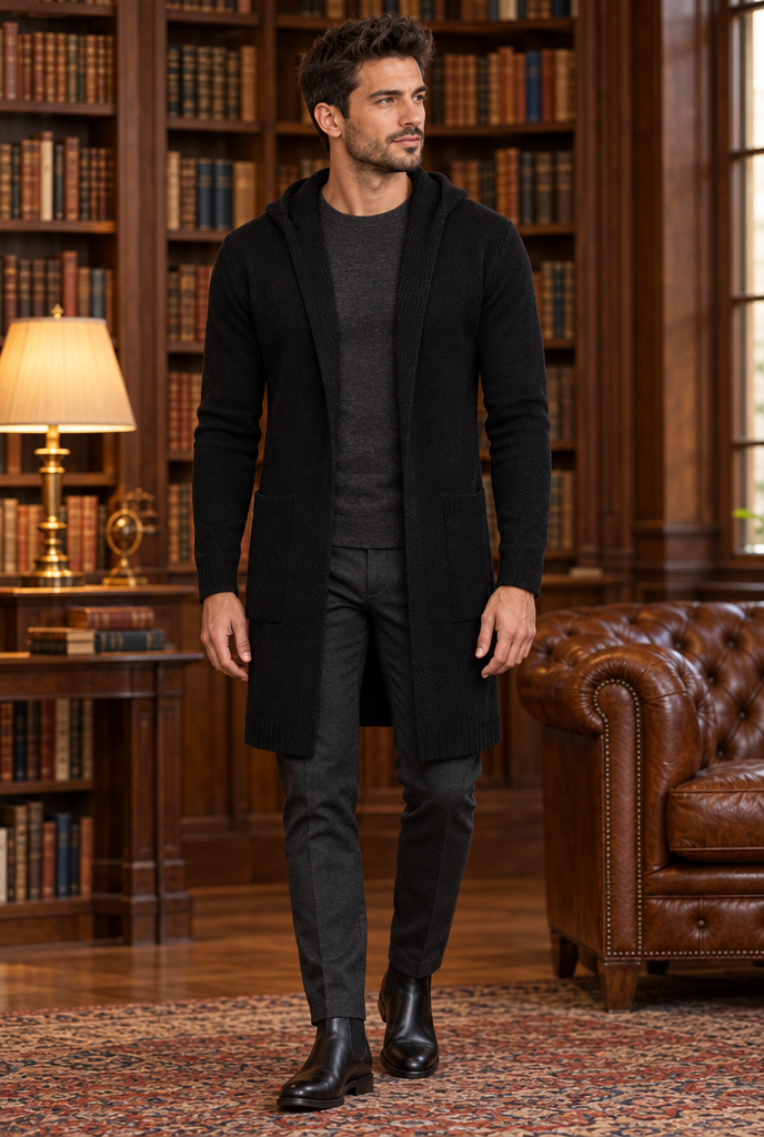 Long gilet ouvert à capuche en maille — Noir — en situation