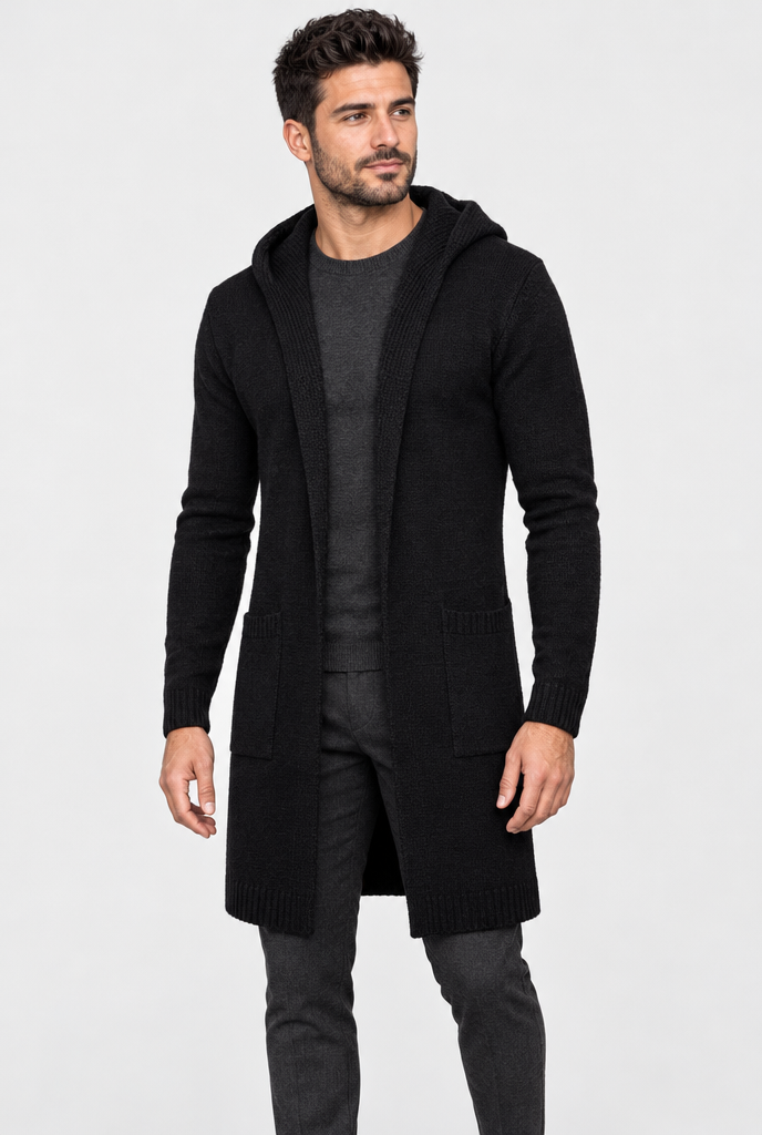 Black Longline Hooded Open-Front Knit Cardigan, studio hero