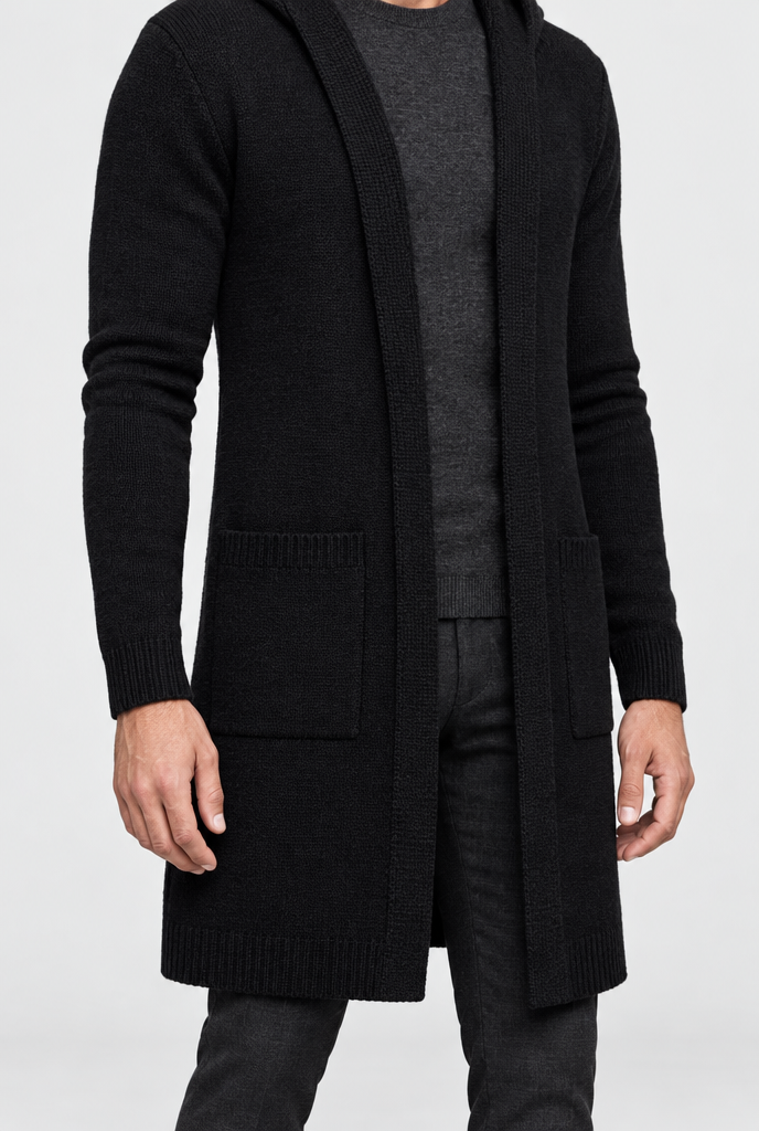 Long gilet ouvert à capuche en maille — Noir — détail