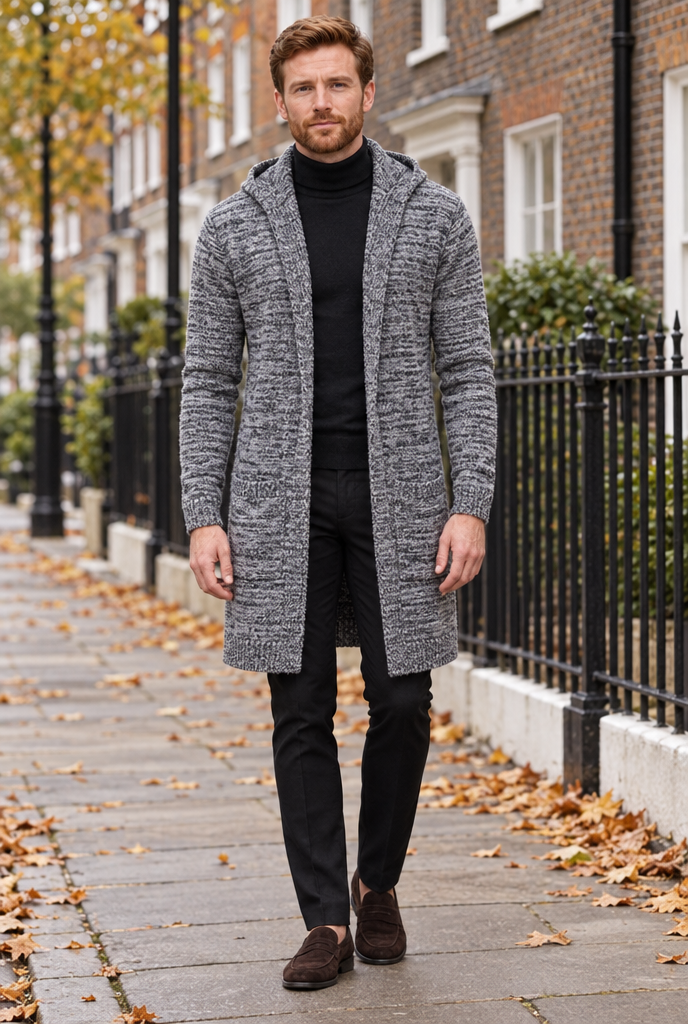 Long gilet ouvert à capuche en maille — Gris chiné clair — en situation